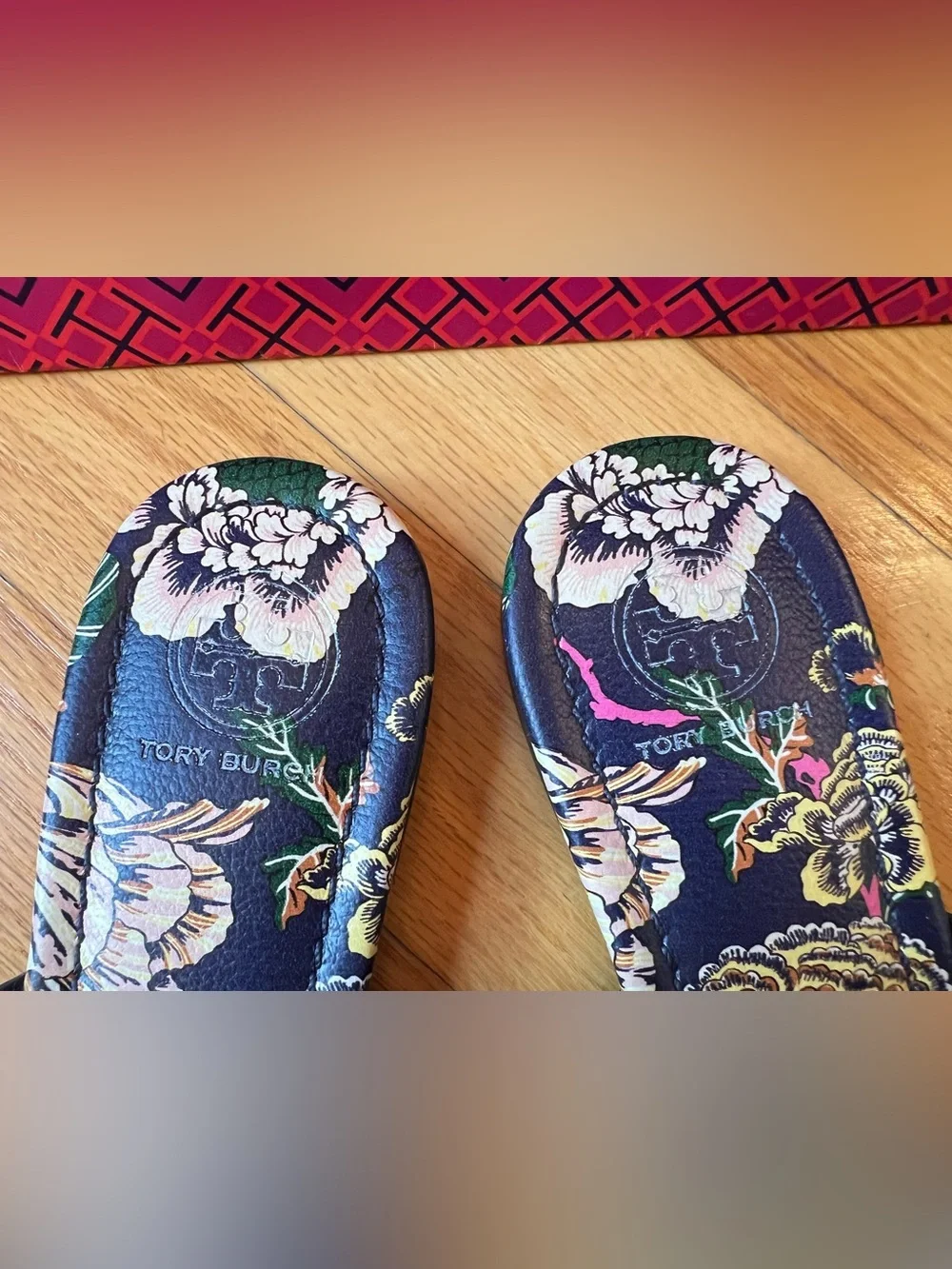 Tory Burch Happy Times Navy Floral Printed Tumbled Leather Miller Sandals